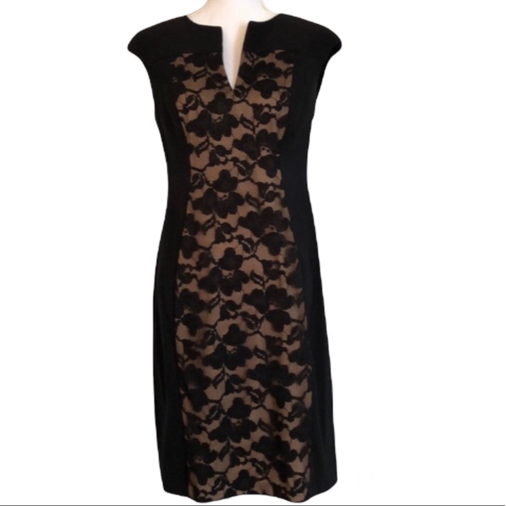 CONNECTED APPAREL Split V-Neck Black & Nude Floral Lace Overlay Detail Dress - Picture 1 of 11